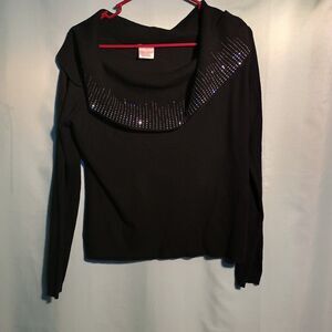 Black Cowl Neck Sweater with Rhinestone Embellishment – Elegant Long Sleeve Top